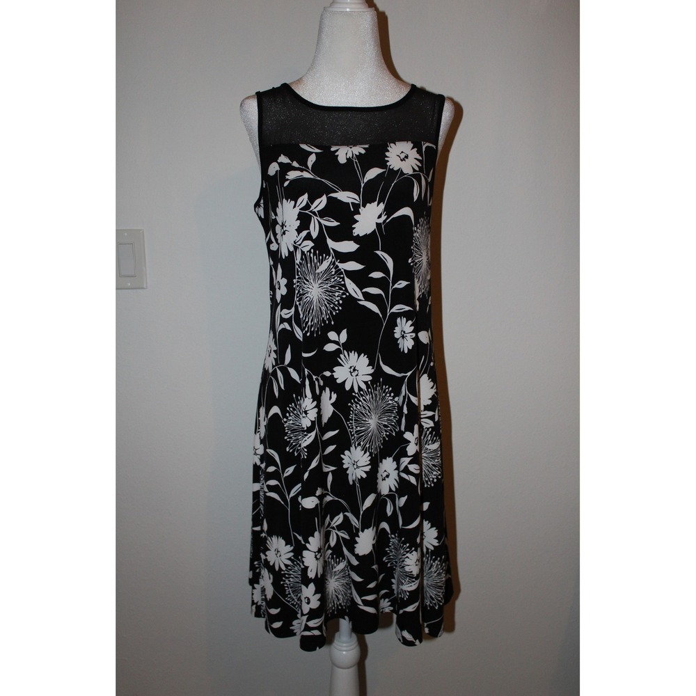 Vince Camuto‎ Women's Black White Floral Mesh Yoke Sleeveless Shift Dress XS